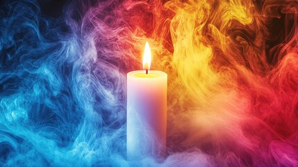 A single white candle burning brightly against a backdrop of colorful smoke.
