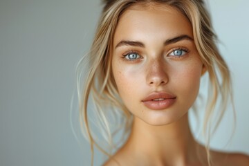 Naklejka premium Portrait of a female model in a studio showcasing a natural skincare and wellness routine, highlighting beauty and facial treatment against a gray backdrop