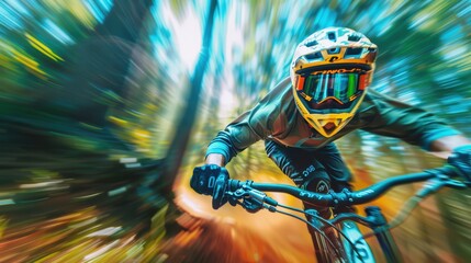 An athletic individual practicing bike stunts in a wooded area, showcasing extreme sports and high energy while training for jumping skills in a blurred motion scene