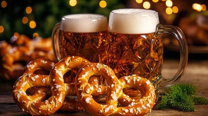 Beer cups in Munich, Germany's Oktoberfest paired with warm pretzels or brezen.