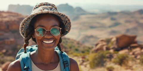 Joyful woman enjoying a hiking break in a mountainous countryside, relaxing in a remote landscape and staying fit in nature