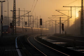 The train platform glows softly in the morning light, with dawn's golden hue wrapped in mist. A red...