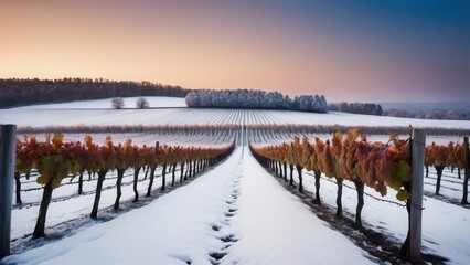 Fototapeta premium Snow-covered vineyard rows with green grapevines in a rural winter landscape
