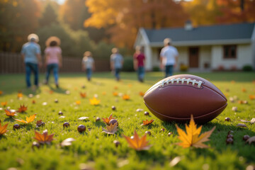 Football lying on grass with family playing in background during autumn