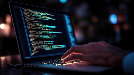 Developer Typing Code on Laptop in Dimly Lit Room with Focus on Screen Displaying Colorful Programming Syntax