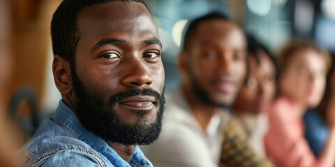 Obraz premium Group portrait of a man in a workshop setting, engaged in business discussions and planning, with a focus on communication and feedback during a seminar