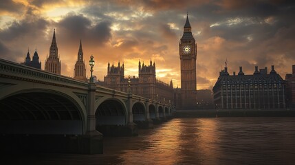 Westminster Bridge, the Houses of Parliament, and Big Ben in London. 