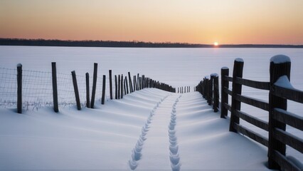 Fototapeta premium Wooden fence posts casting long shadows on snow-covered field during winter sunrise 