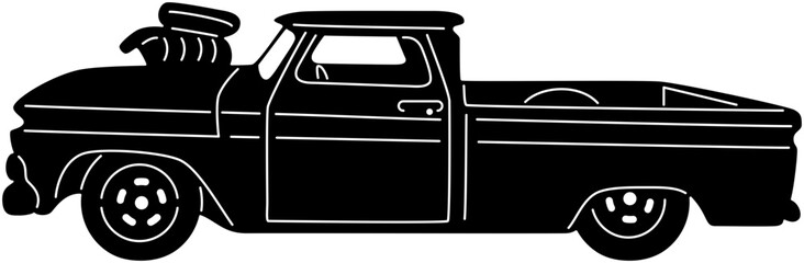 Illustration of vintage old cars in a black and white silhouette style, depicting transportation. © silverrose111