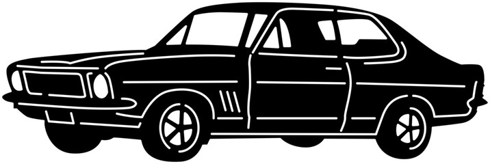 Illustration of vintage old cars in a black and white silhouette style, depicting transportation.