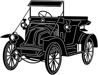 Illustration of vintage old cars in a black and white silhouette style, depicting transportation.