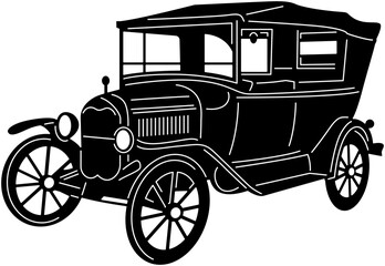 Illustration of vintage old cars in a black and white silhouette style, depicting transportation.