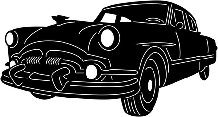 Illustration of vintage old cars in a black and white silhouette style, depicting transportation.