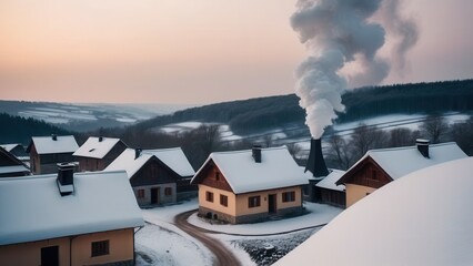 Snow-covered houses with chimneys emitting smoke in a rural winter landscape at sunrise	