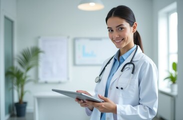 A healthcare professional smiles while holding a tablet in a modern medical office during daytime