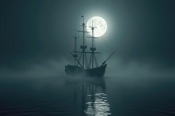 Obraz premium Ancient sailing ship floating on water with fog and full moon