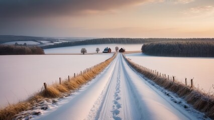 Obraz premium Snow-covered country road leading to farmhouses in a rural winter landscape 