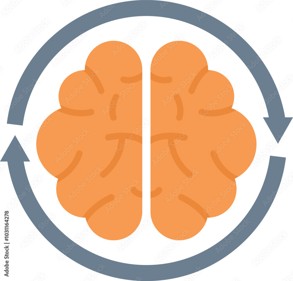 Poster simple icon of a brain with a circular arrow surrounding it, representing the concept of brainstormi