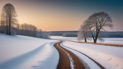 Obraz premium Snow-covered country road leading to farmhouses in a rural winter landscape 