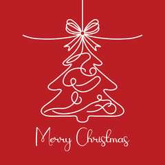 White line art christmas tree on red background.