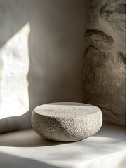 A clean, 3D rendered stone pedestal surrounded by subtle shadows, set in a neutral gray environment for an elegant product display.