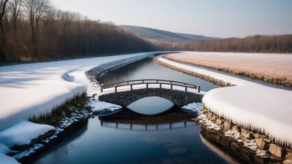 Snow-covered stone bridge over a calm river in a rural winter landscape	