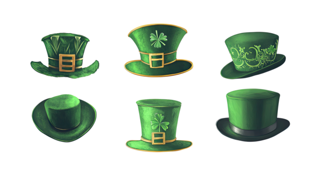 Collection of Green St. Patrick's Day Top Hats on White Background Generative AI