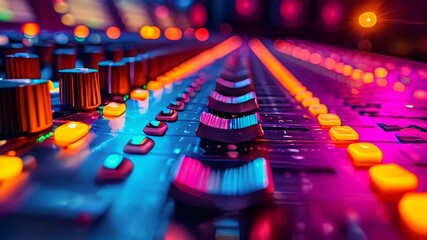 Professional audio mixing console in nightclub. Close up of sound equipment
