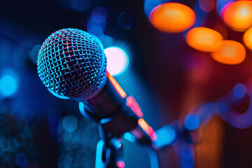 Close-up shot of microphone on blurred background. Concept banner template of studio, stage performance, sound recording and karaoke advertising with space for text