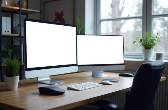 Modern workspace with dual monitors, keyboard, and plant decor in a bright, serene home office setting during the daytime