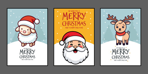 Greeting Card Set with Cute Santa Claus, Reindeer, and Sheep Lettering Vector: Merry Christmas and Happy New Year
