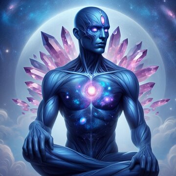 Blue skinned alien. Rose quartz crystals. Interdimensional winged angel. Universe. Galaxy. Third eye. Meditation.