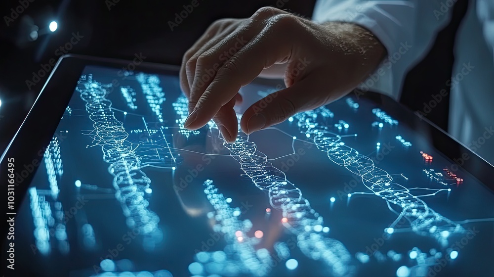 Poster a hand points at data displayed on a tablet. this photo symbolizes a concept of technological advanc