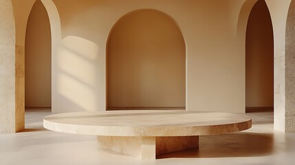 A minimalist stone platform with a natural texture, centered in a spacious, softly lit 3D environment, ideal for showcasing products.