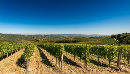 Naklejka premium Vineyard rows under a blue sky