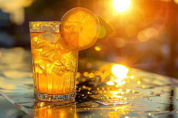 Glass of orange juice with ice on blur sunny background. Banner template for advertising superwoods, summer drinks, seasonal menu and morning vigor with space for text.