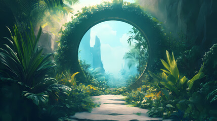 Heaven's gate, mystical round portal in desert leads to lush, vibrant paradise garden filled with tropical plants. fantasy, adventure, escapism and nature concept. Teleportation Portal. Illustration
