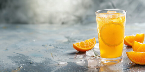 Glass of orange juice with ice on grey background. Banner template for advertising superwoods, summer drinks, seasonal menu and morning vigor with space for text.
