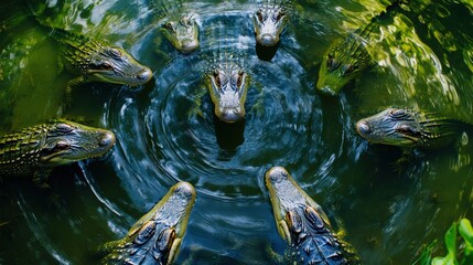 Fototapeta premium Majestic American Alligators in Circular Formation from a Top-Down View, Showcasing Graceful Curves and Symmetry