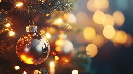 Shimmering gold ornament hangs from a Christmas tree branch, surrounded by soft glowing lights, enhancing the festive atmosphere.