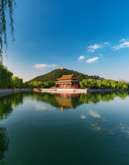 Naklejka premium Tranquil pond with a pagoda