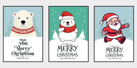 Merry Christmas and Happy New Year Greeting Card Set with Cute Santa Claus and Polar Bear Lettering Vector
