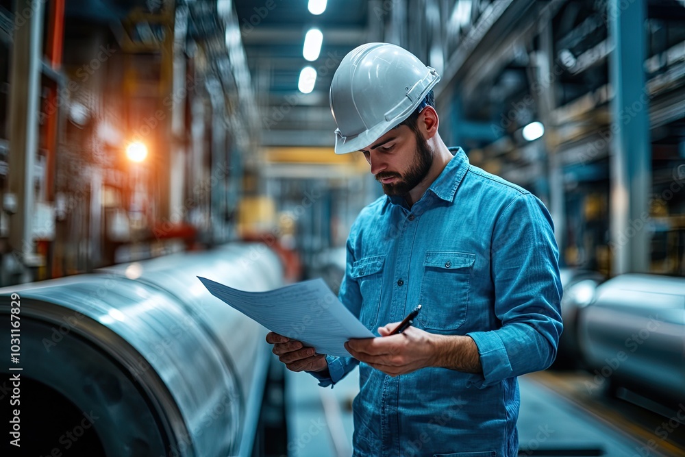 Poster a worker in a factory is reviewing blueprints. this image is useful for articles about industrial wo