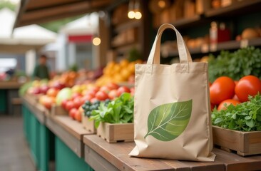 A canvas bag rests on a wooden table at a vibrant farmers market filled with fresh produce in the early afternoon light