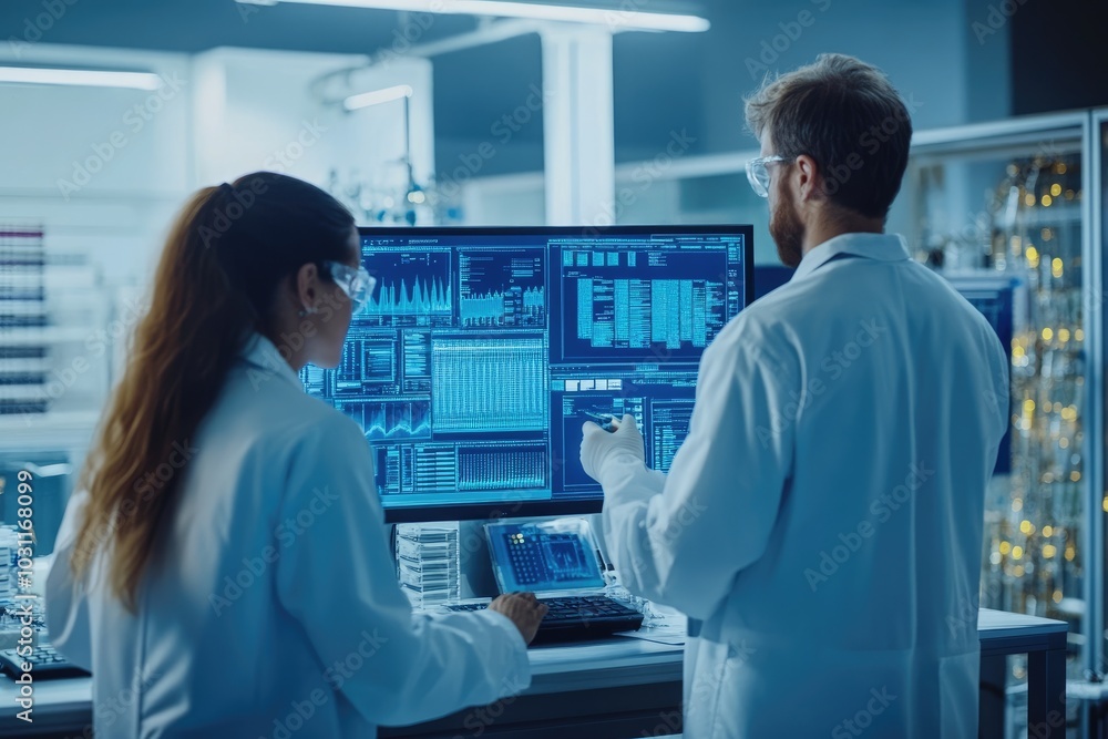 Poster two scientists analyze data on a computer. this stock photo is perfect for articles about technology