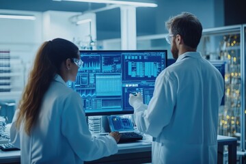 Obraz premium Two scientists analyze data on a computer. This stock photo is perfect for articles about technology, science, and research.