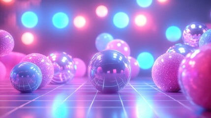Abstract background with pink and blue spheres and neon lights.