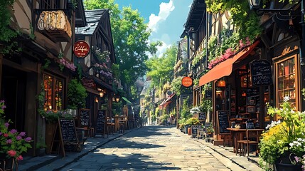 Naklejka premium A charming cobblestone street lined with quaint shops and cafes, bathed in warm sunlight, creating a picturesque scene.
