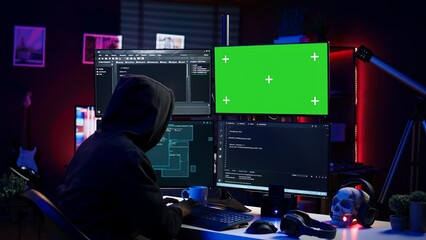 Hacker coding on isolated screen computer monitors, developing zero day exploit undetectable by...