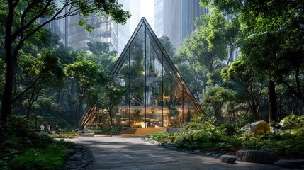 A modern triangular glass building nestled amongst lush greenery in an urban setting.